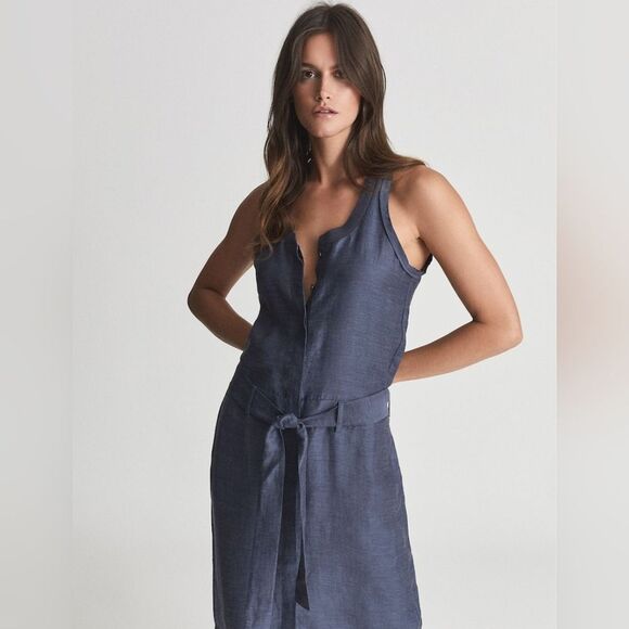 Reiss Hemp Linen Sleeveless Drop WaistShirt Midi Dress Navy Size Small - Picture 2 of 13